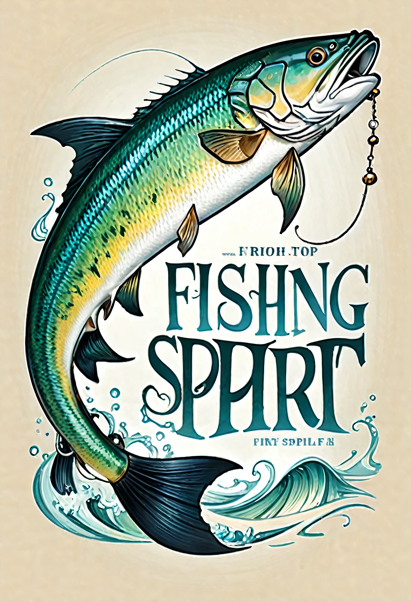 Create inspiring typography art, with the words "Fishing spirit", rectangular with creative use of fonts, sizes, colors and styles