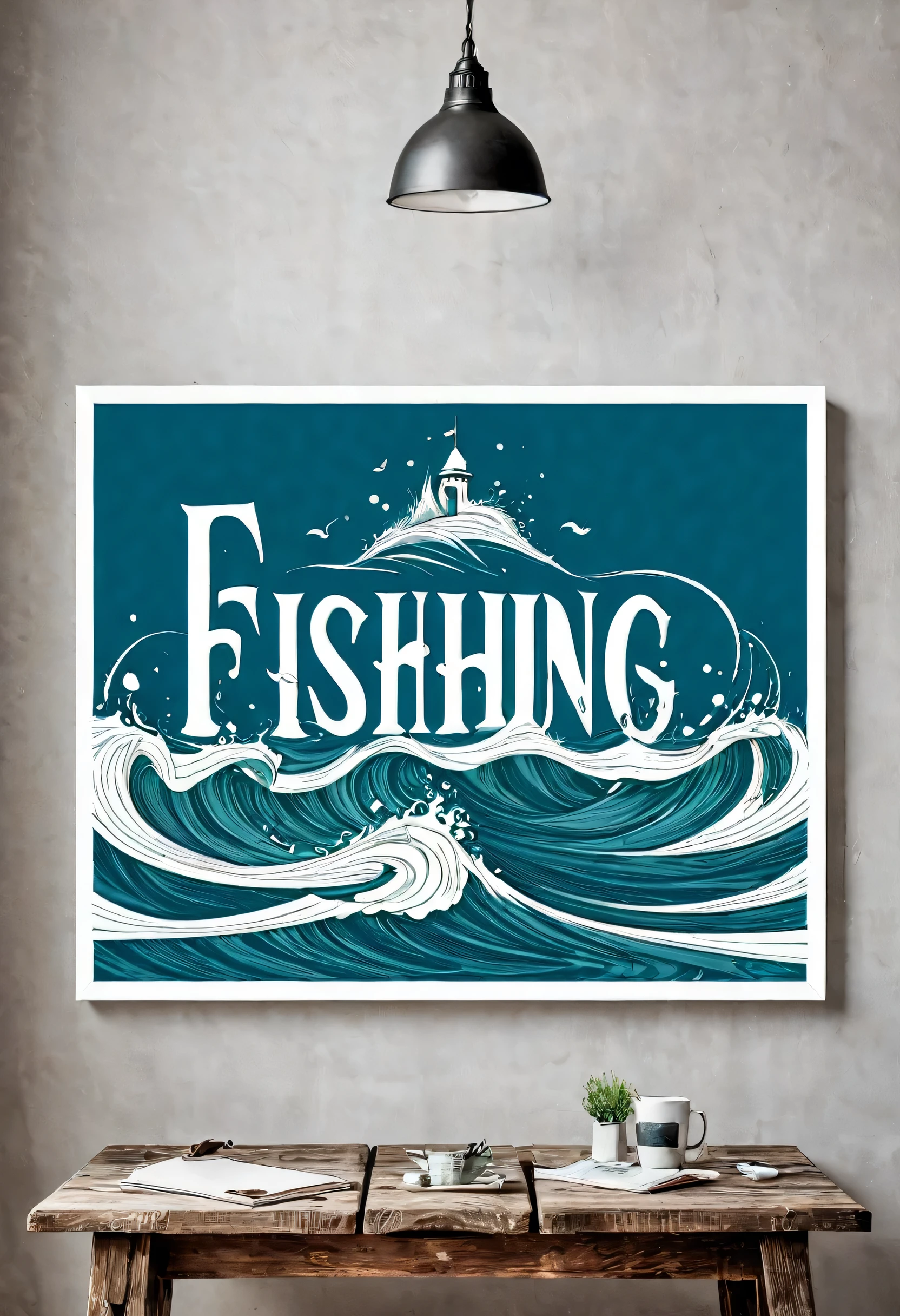 Create inspiring typography art, with the words "Fishing spirit", rectangular with creative use of fonts, sizes, colors and styles
