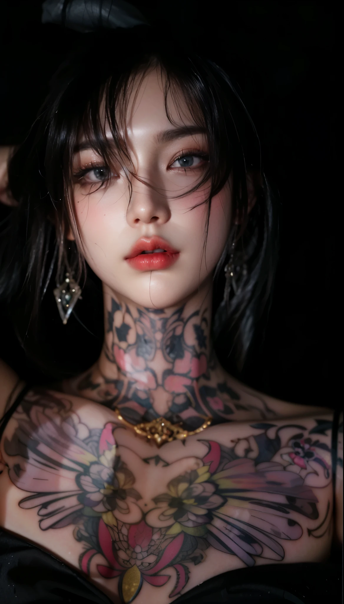 (masterpiece, top quality, best quality, official art, Pretty and beautiful:1.2), (1 Noodle Girl:1.3),（Clear facial features），（black eyes）（high nose）neon,Motion light,Fractal fire, Very detailed content,(Fractal Art:1.1),(rich and colorful:1.1)(Tattoo:1.3),Most detailed,(Tangled:1.2), Full body female, (Abstract Background:1.3), (glowing skin), (Many colors:1.4), ,(Ear nipple rings), (Advantage:1.5)，Upper body close-up