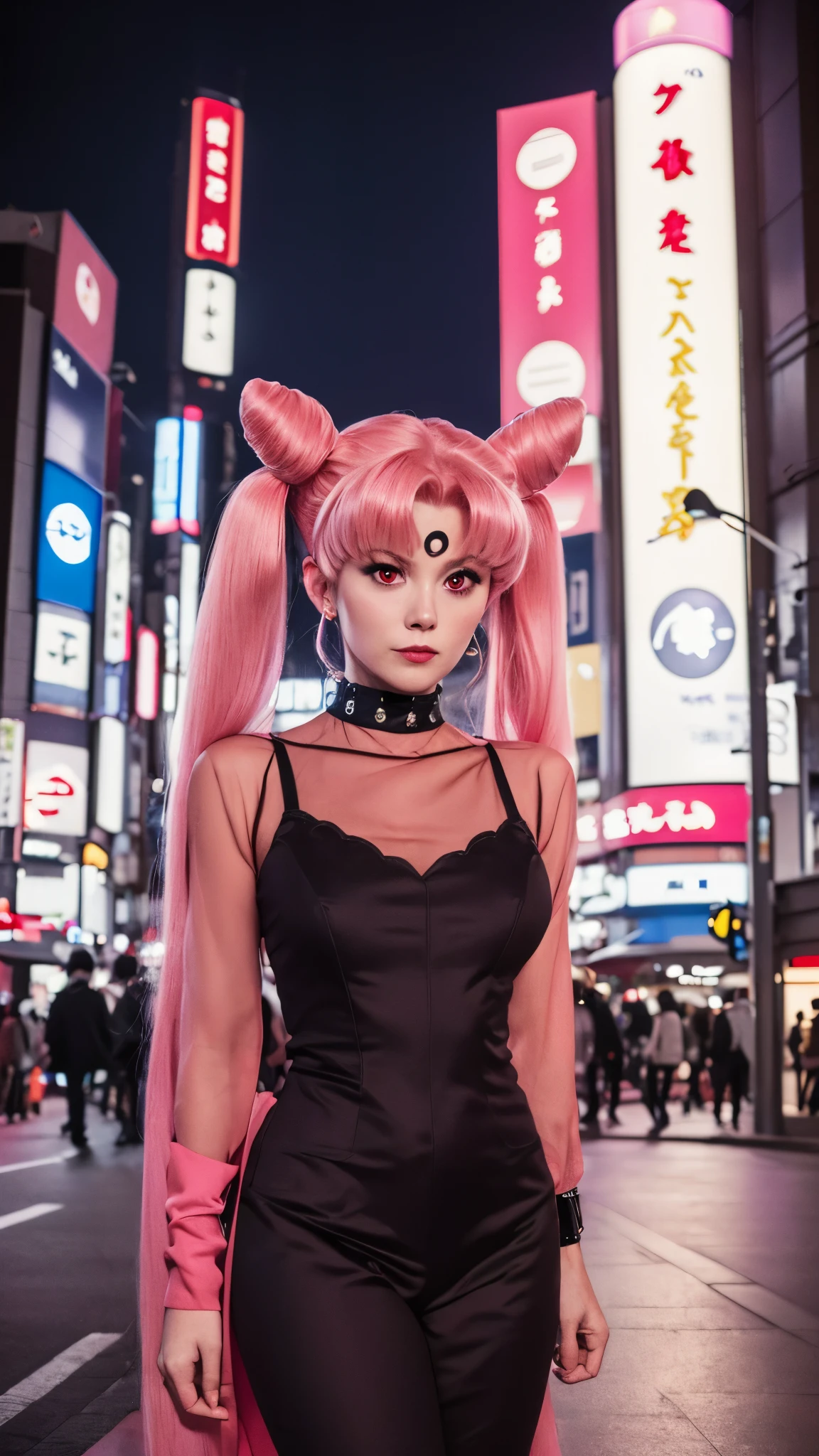 masterpiece, solo, best quality, highres, 1990s \(style\), black lady, 1girl, double bun, twintails, parted bangs, pink hair, cowboy shot, (animification:1.4), futoshi slim, (aged up:1.4), (mature female:1.4), long hair, red eyes, solo, shy, night Tokyo background
