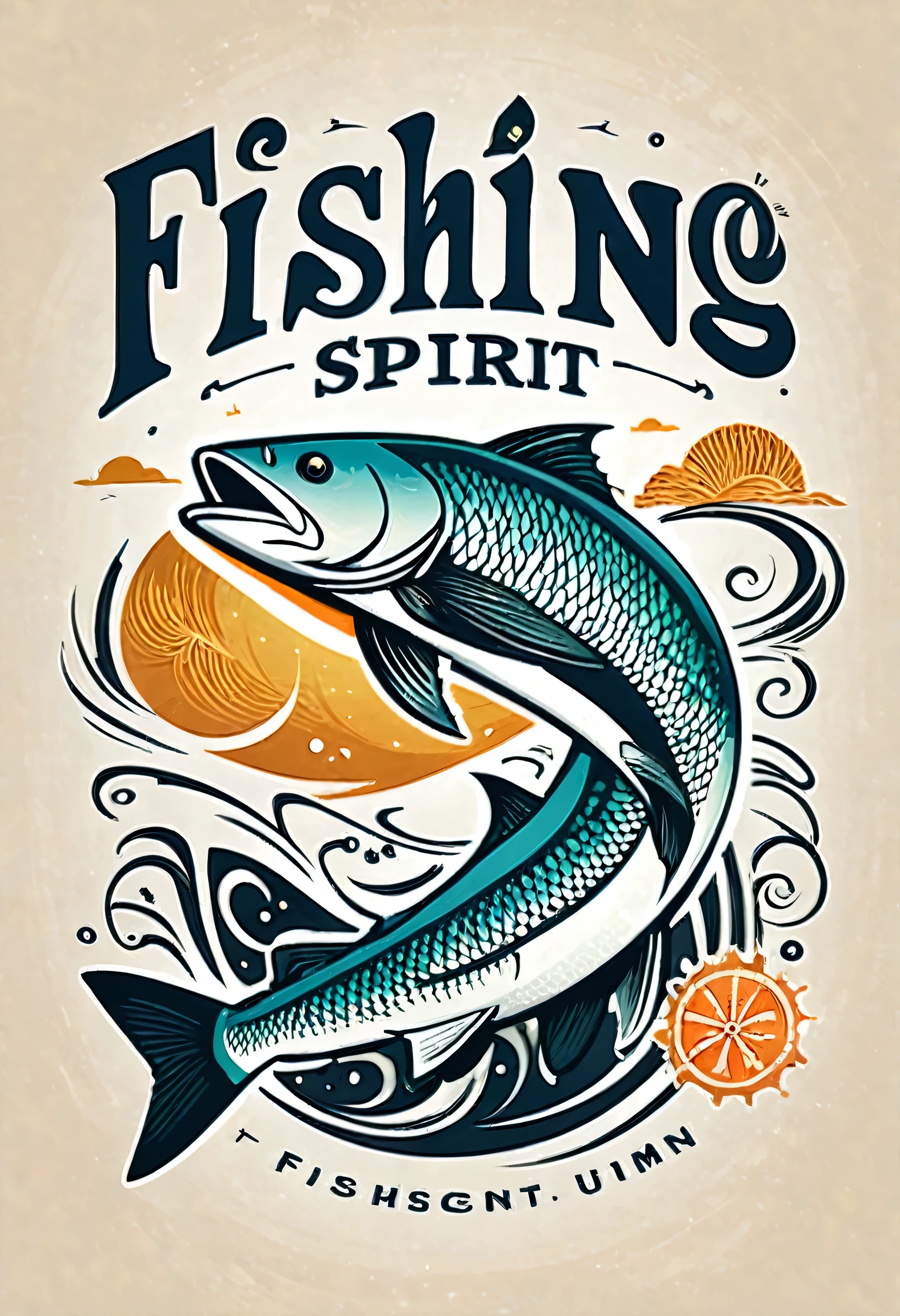 Create inspiring typography art, with the words "Fishing spirit", rectangular with creative use of fonts, sizes, colors and styles