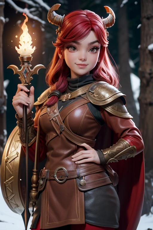 Hermosa cabeza femenina vikinga, pelo rojo, disfraz de guerrera vikinga, en globo de nieve, sonrisa suave, Lindo retrato de cuerpo entero, figura esbelta de pie, Personaje de dibujos animados, personaje de pixar, medieval, Renderizado 3D, symatic lighting, Trazado de rayos. Rojo crujiente, luz radiante, bosque misteriosa, (la mejor calidad, 8K, high resolution, obra maestra:1.2), caprichoso.