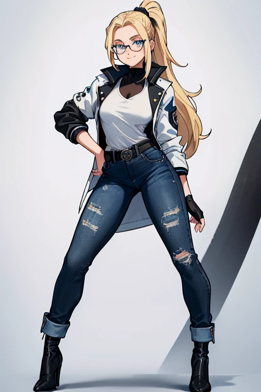 female, blonde long hair in a ponytail, blue eyes, (((1girl))), (((white and black jacket with rolled up sleeves))), (black shirt), (blue denim jeans), (black belt), (black low heels), (black fingerless gloves), (glasses), cute and sexy, full body, modest breasts, modest butt, long legs, smiling