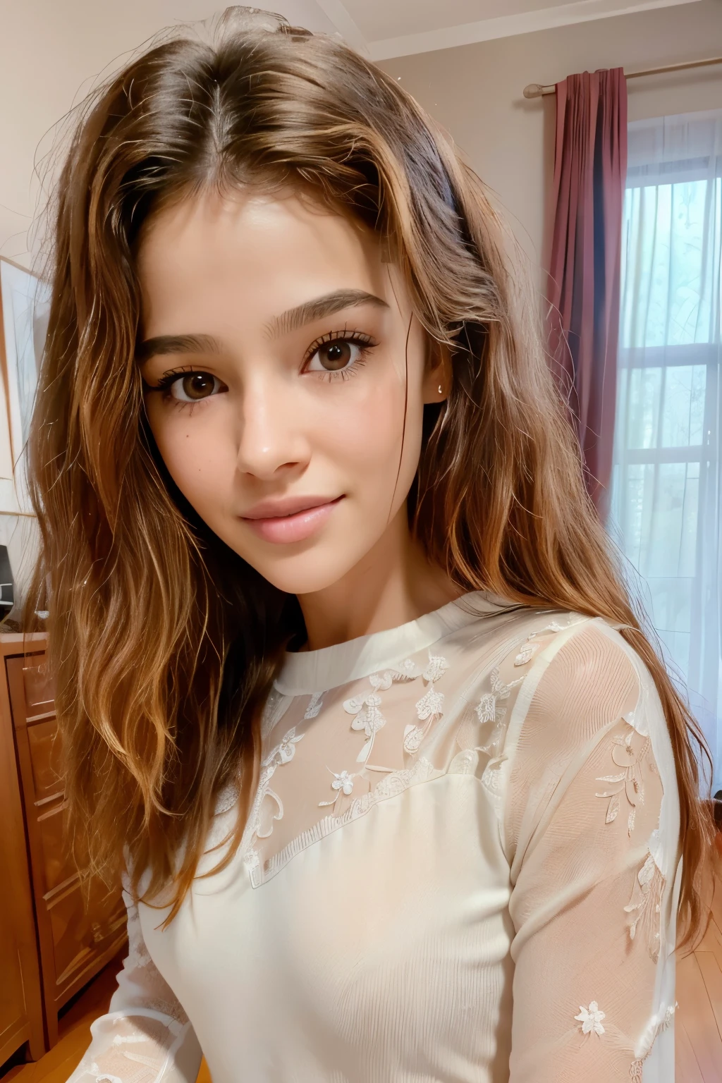 Wearing a tight see-through shirt in her bedroom, very detailed, 25 year old, innocent face, natural wavy hair, selfie, high resolution, masterpiece, best quality, intricate details, highly detailed, sharp focus, detailed skin, realistic skin texture, texture, detailed eyes, professional, 4K, charming smile, filmed on Canon, 85 mm, shallow depth of field, Color Kodak Vision, perfect fit body, extremely detailed, photograph_\(ultra\), photorealistic, realistic, post-treatment, maximum details, roughness, real life, ultra realist, photorealism, photography, 8K UHD, photograph