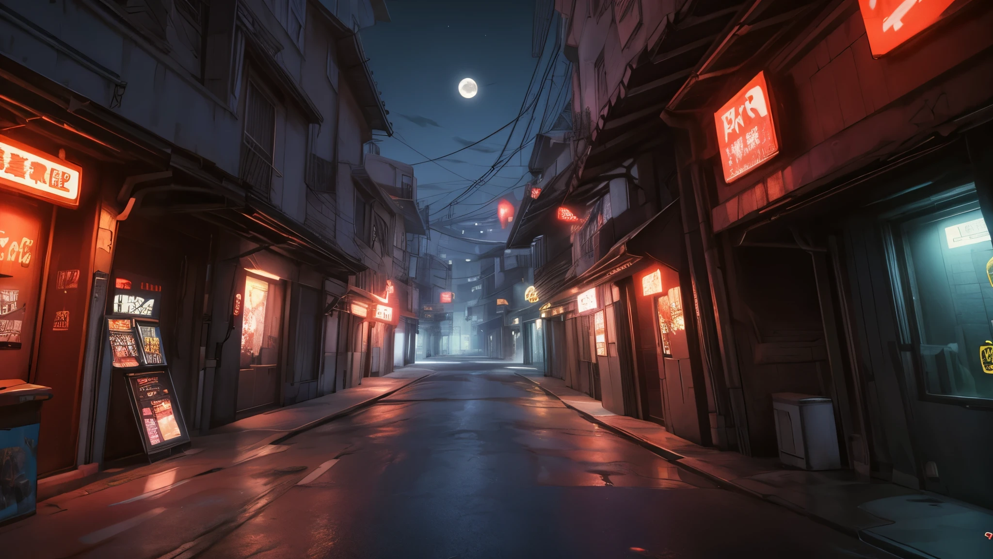 anime, high res, 4k, 8k, visual novel background, CG background, night, moon, cyberpunk town, empty streets, outdoor scenery, detailed background, photorealistic, pixiv, sharp-focus, super detail,