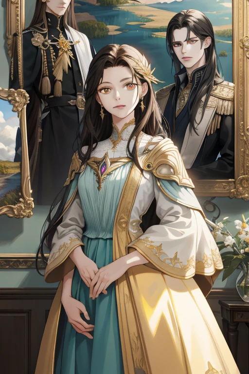 (absurd, high resolution, ultra detailed), When I noticed a painting on the wall.
It was a portrait of my family.
Zephyr stood beside. Valendrya. Her Dark hair and golden eyes highly resembled me.
I stood in front of her With Valsendrake and Icarus standing beside me.
painting