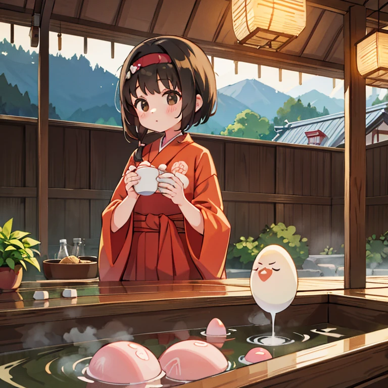 Girl in yukata selling boiled eggs at a Japanese food stall　Hot Spring Town