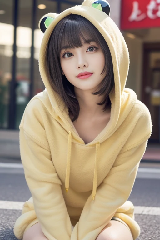 (((masterpiece, highest quality, Super detailed))), 1 female, (((very thin body))) , (((length, thin legs))), (((Beautiful short wavy black hair, thick and fluffy bangs ))), (((highly detailed face))), cosmetics,small, thin nose, faint smile thin mouth, (((Very sharp focused eyes))), Japanese, beautiful face,faint smile,(lifelike face), beautiful hairstyle, realistic eyes, fine and beautiful eyes, (real looking skin), beautiful skin, charm, ultra high resolution, surreal, high detail, golden ratio, (detail makeup:1.2),(green Frog Costume:1.3,Frog Hoodie on),from below,perfect limbs,sculpture installation,have one's heart understood