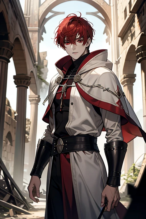 male, Red short hair with bangs, red eyes, adult face, adult, white hood and shroud, handsome, medieval fantasy, ruins, sorcerer, looking at viewer
