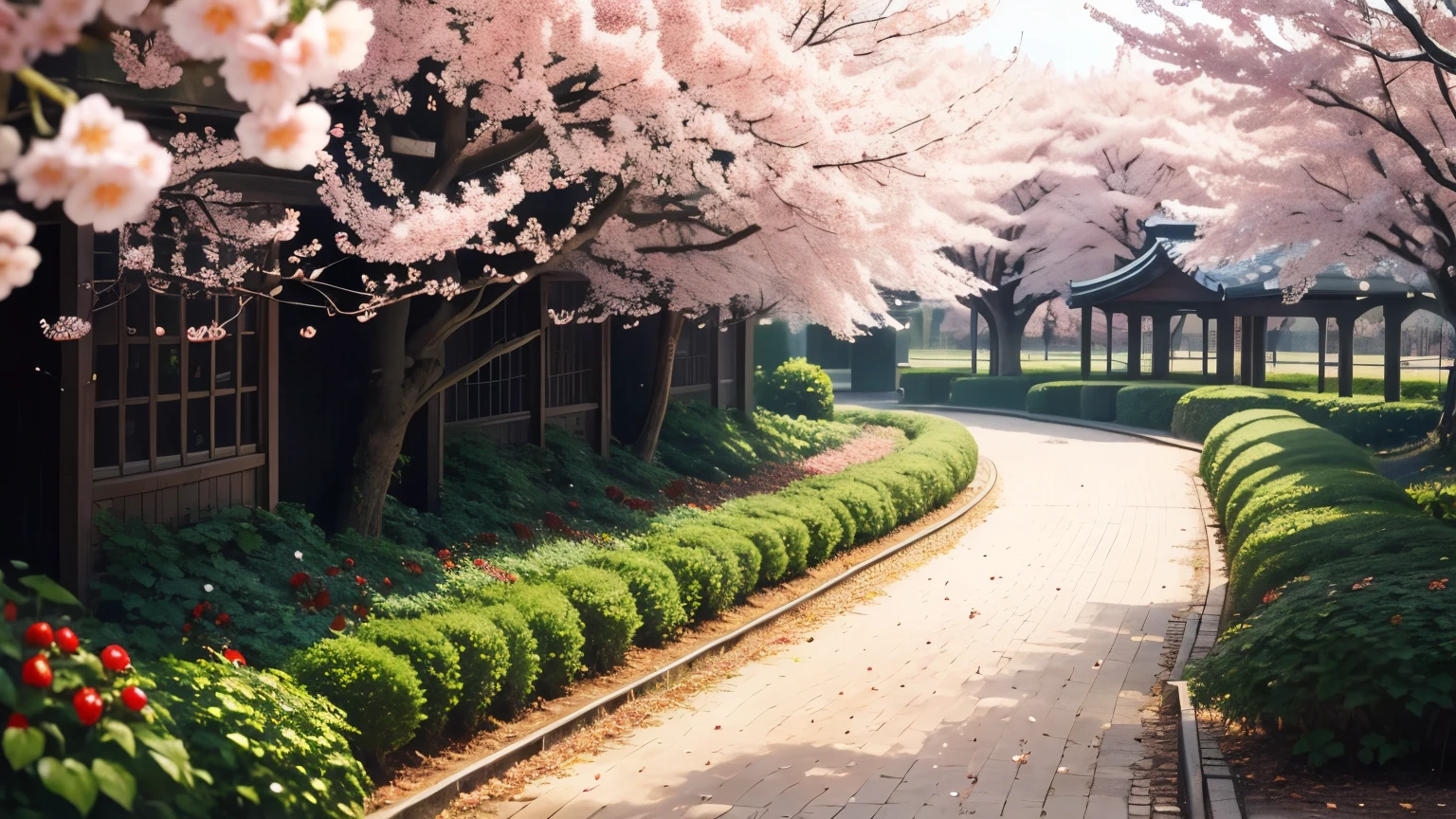 beautiful strawberry bushes close to the camera, vibrant strawberries, sakura