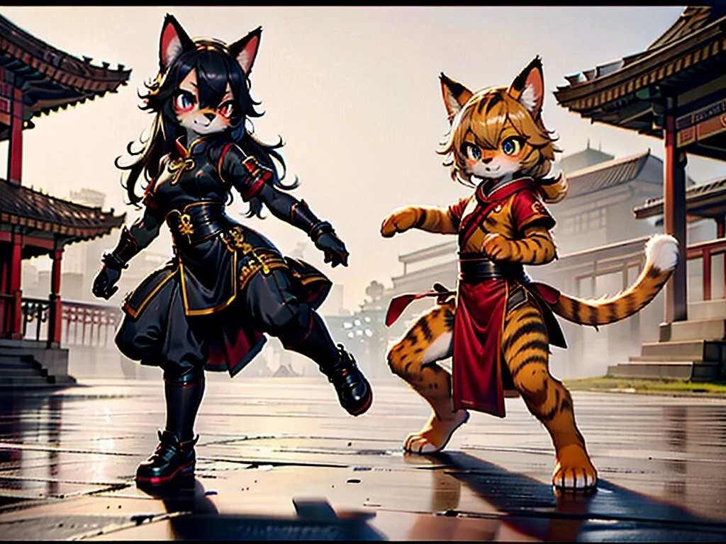 quality\(8k,wallpaper of extremely detailed CG unit, ​masterpiece,hight resolution,top-quality,top-quality real texture skin,hyper realisitic,increase the resolution,RAW photos,best qualtiy,highly detailed,the wallpaper,cinematic lighting,ray trace,golden ratio\), BREAK ,solo,1cat woman\(cat,furry,cute,kawaii,small kid,smile,hair floating,hair color dark red,long braid hair,eye color dark red,big eyes,white fur,red cheongsam,breast,fighting stance\(kungfu style\),dynamic angle,long shot\,full body,stanping),background\(outside,chinese temple\),[nsfw:2.0],long shot,[nsfw:2.0]