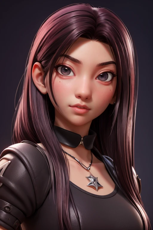 Obra maestra, mejor calidad,trabajo de renderizado 3d ,estilo 3DMM,de cerca,retrato, 3D,1 chica, solo, pelo negro, collar, joyas, mirando hacia el lado, realista, parte superior del cuerpo, fondo sencillo, golpes, mirando hacia otro lado, long pelo negro, Labios partidos, gargantilla, constituir, mole, camiseta sin mangas blanca, ojos rojos, Tifa Lockhart