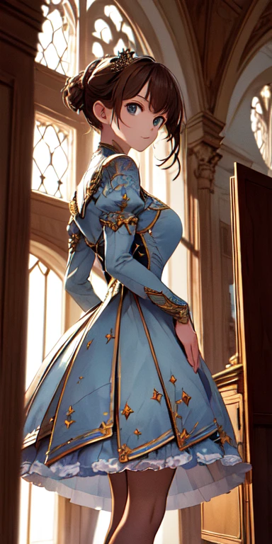 inside castle, A high resolution, (Masterpiece:1.4), A highly detailed, 1girll, By the back, space,are standing, aristocratic clothes, Sharp focus, (Cinematic lighting), (1girll), Slight smile,The 5 fingers of each hand are super detailed,top-quality,Extremely delicate,offcial art,posing on a,