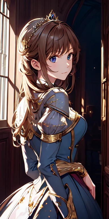 inside castle， A high resolution, (Masterpiece:1.4), A highly detailed, 1girll, By the back, space,are standing, aristocratic clothes, Sharp focus, (Cinematic lighting), (1girll), Slight smile，The 5 fingers of each hand are super detailed，top-quality，Extremely delicate，offcial art，posing on a，