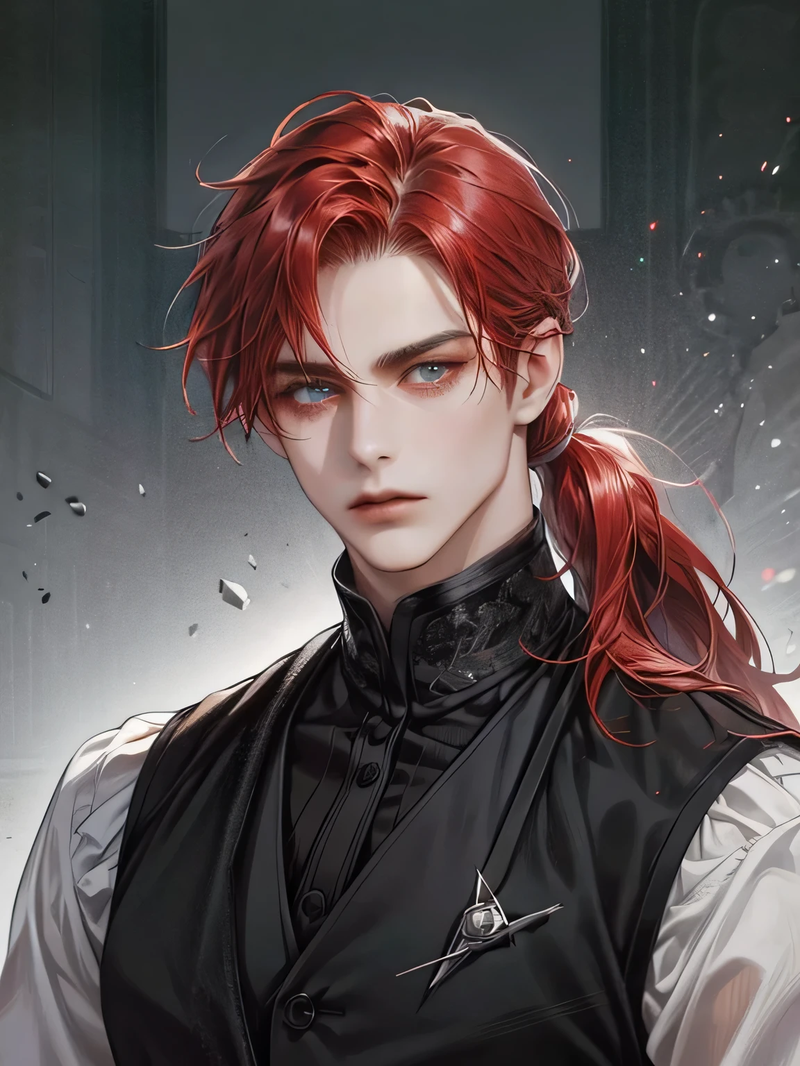 (best quality,HD:1.2), ultra-detailed, realistic:1.37, male above 40, tall, very mature, long high pony tail red hair with white highlights, sharp face, sharp eyes, dark black vest, low exposure, solo, normal expression