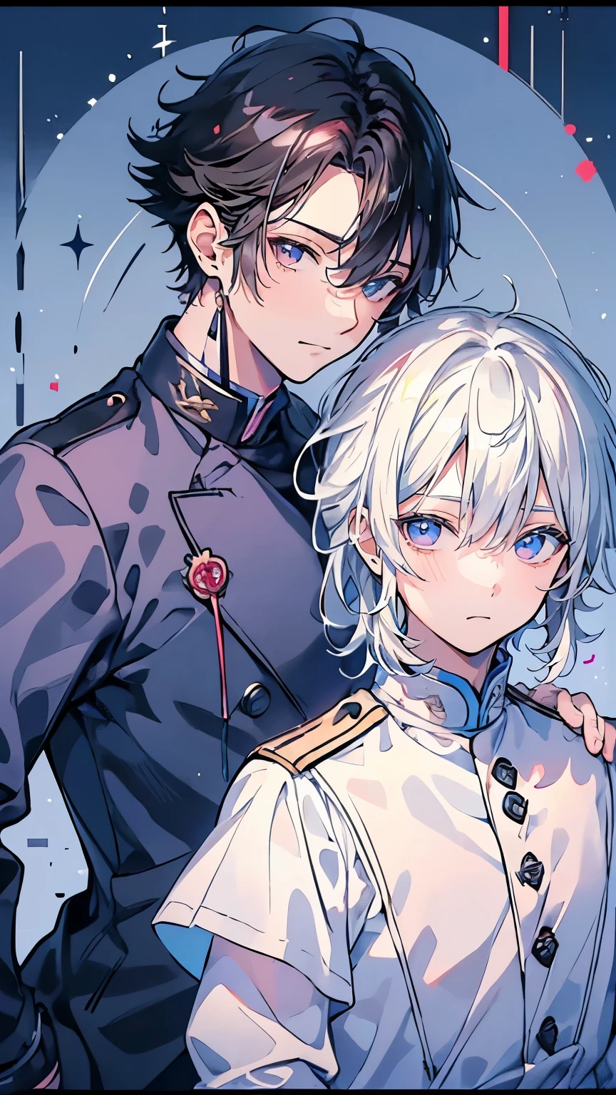 (Mastepiece), (Best Quality), Very detailed, ((Two friendly men:1.5)), Perfect Face, Beautiful Face, Very detailed顔，(Black Haired Man:1.3)，(Man with white hair:1.3)，uniform、shirt