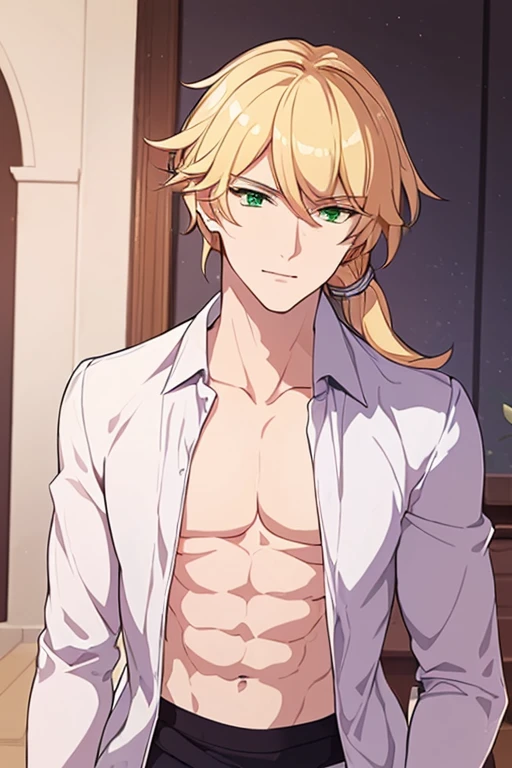 (((masterpiece, 4K, Best quality, perfect anatomy, perfect lightning))) 1boy, Portrait, male focus, young boy, upper body, detailed face, Green eyes((detailed)), soft smile, long mesmerising blonde hair (ponytail), formal, purple jacket, white shirt,  collared shirt, simple background, 18 year old