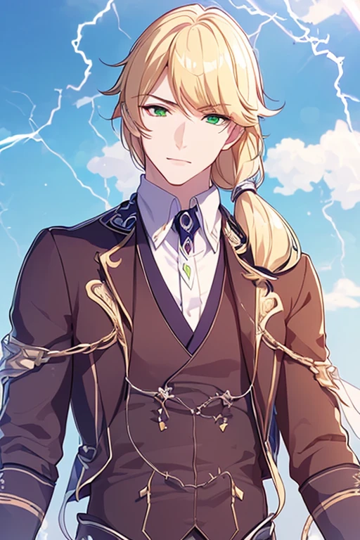 (((masterpiece, 4K, Best quality, perfect anatomy, perfect lightning))) 1boy, Portrait, male focus, young boy, upper body, detailed face, Green eyes((detailed)), soft smile, long mesmerising blonde hair (ponytail), formal, purple jacket, white shirt,  collared shirt, simple background, 18 year old