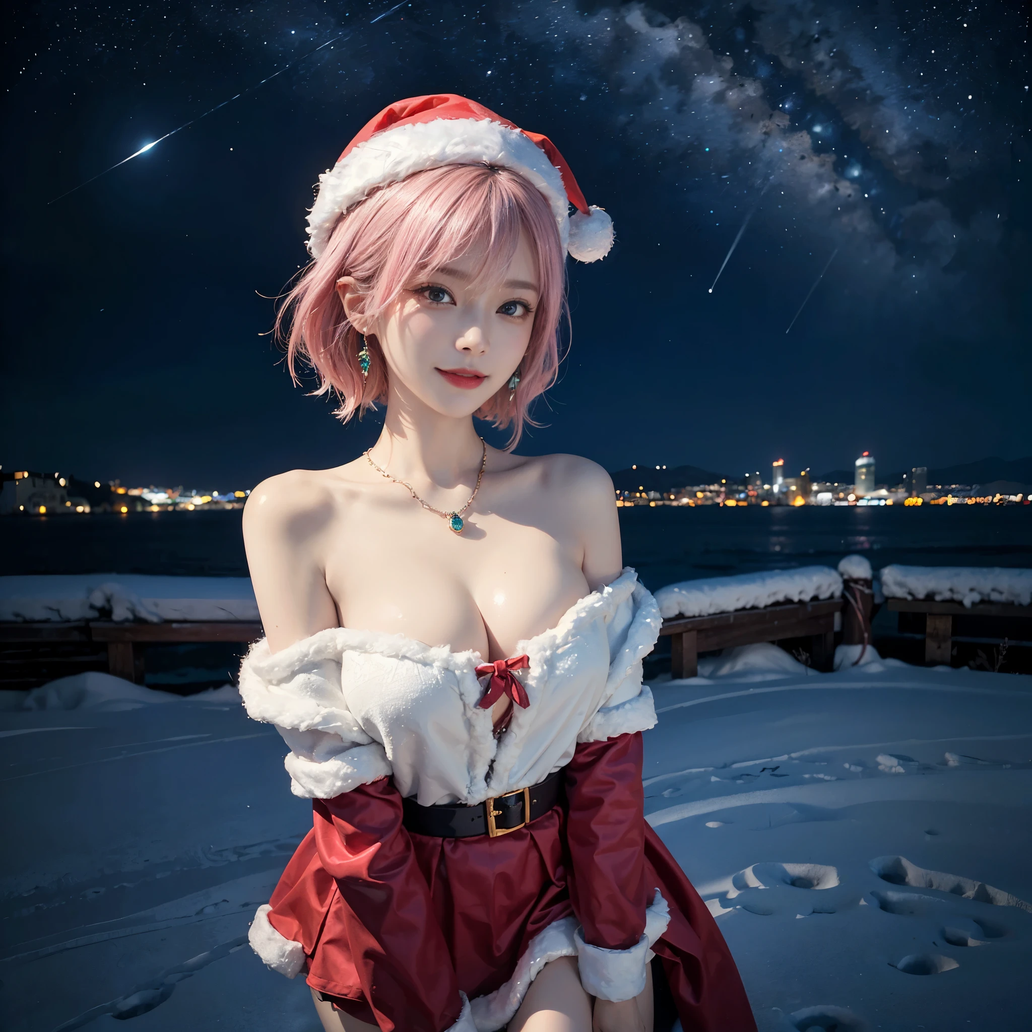 (1 Sexy Woman, Solo, Pink Hair, Short Hair, Santa Claus costume, mini-skirt, Santa Claus Hat:1.4), (Detailed Eyes, Glossy Lip, Smile, Cleavage:1.5), (Cowboy Shot1.3), (night, night sky, winter scene, snow covered cityscape, hokkaido, christmas decorations:1.8), ((anatomically correct)), (Futuristic Portrait), (Extreme-Close-Up:1.5), Smile, Rim Lighting, Cinematic Light, Earrings, necklace, Look at viewer, no futuro telhado de luz neon, SSCI - FI e Fantasia, intrincado e muito bonito e elegante, altamente detalhado, pintura digital, art-station, arte conceitual, smooth and sharp focus, illustration, Arte de Tan Zi e Ayanamikodon e Alphonse Mucha e Wlop