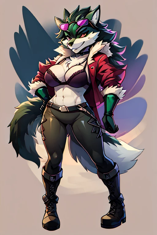 girl, wolf, furry, bodyfur, bra, bottomless, tights, gloves, boots, villain, sunglasses