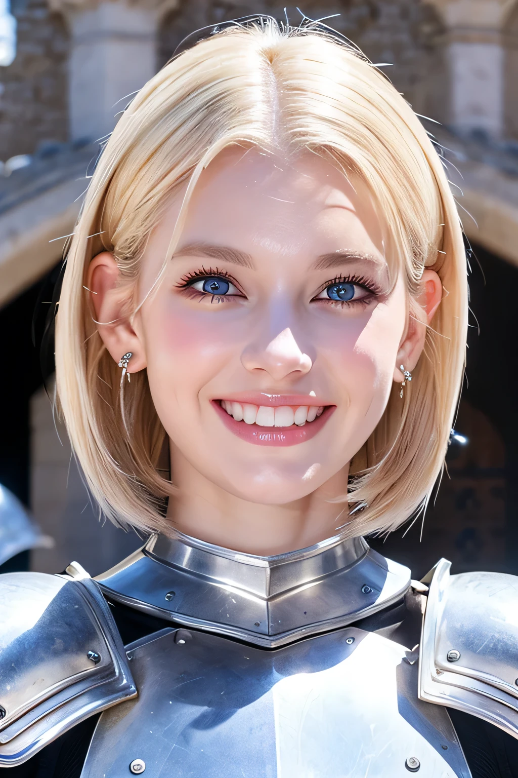 8K、highest quality、female knight、Luxurious Silver Armor、、hairstyle short cut、smile、beautiful teeth、full body photo、ear piercing、blonde、white woman、blue eyes、heavy makeup、The background is inside the castle