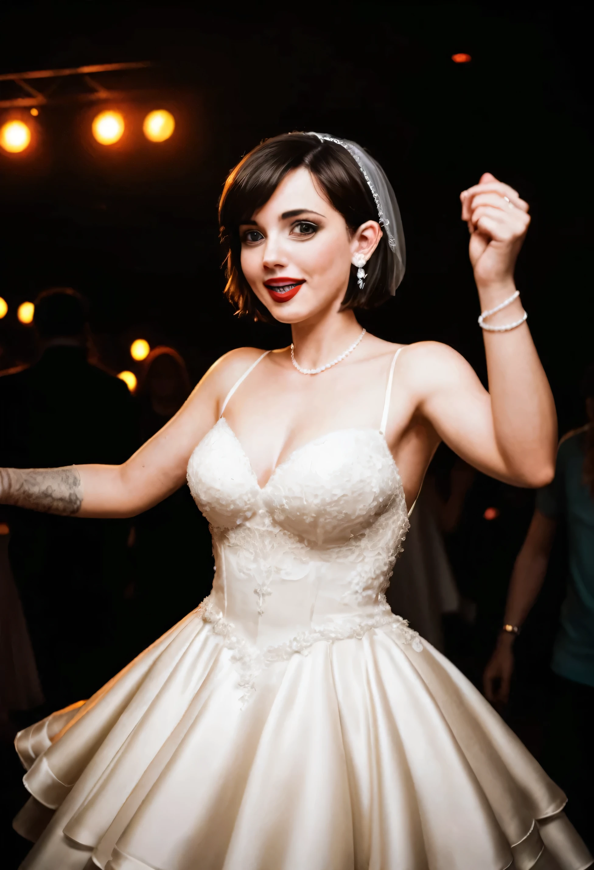 (best quality,4k,8k,highres,masterpiece:1.2),ultra-detailed,(realistic,photorealistic,photo-realistic:1.37),drunk bride dancing at the dark foggy techno club,dark brown hair,short hair,short haircut,shaved hair,fetish earrings,short fetish wedding dress,dim lights,35mm,cinematic,horror theme