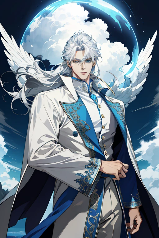(absurdress, hight resolution, Ultra Detailed), 1 male, Adult, a handsome, tall muscular guy, wide shoulders, Finely detailed eyes and detailed face, Long hair, Fantasy, Gorgeous fantasy background, TRON, The King of the Air. A majestic and impressive fantasy character,
The King of the Air towers over his other subjects, His figure is slender and tall. He is dressed in luxurious clothes, Made from the lungs, sheer fabrics, which gently sway in the wind. His outfit is decorated with subtle airy patterns and embroidery, Reflective vortices and clouds. A mantle is draped over his shoulders, which seems almost weightless, as if consisting of the air itself.
Air King also has hair, reflecting his element. They are light and silver, Like fluffy clouds, which envelop his head.
His eyes shine with wisdom and strength. They can be bright blue or silver in color, Like the eyes of heaven. The look of the king of the air can be insightful and witty, but at the same time full of mystery, Like an eternal wind, uncontrolled.
There is always a light breeze around him, which allows it to fly or create vortices and storms.