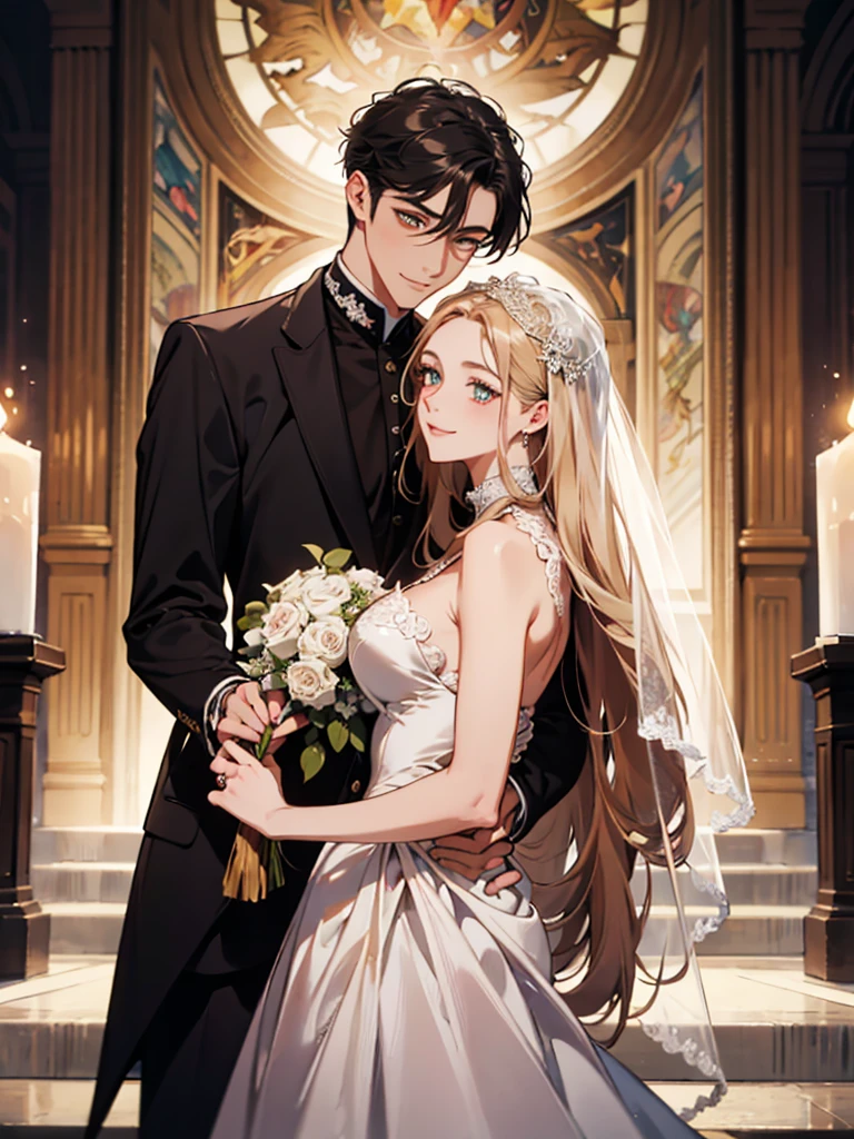 masterpiece, (absurdres, highres, ultra detailed), 1 young man, 1 young woman, wedding, bride, groom, two people, look at each other, smile, finely detailed eyes and detailed face, the lovers \tarot\, Symbolism, Visual art, Occult, Universal, Vision casting, Philosophical, Iconography, Numerology, Popularity, Artistic, Alfons Mucha