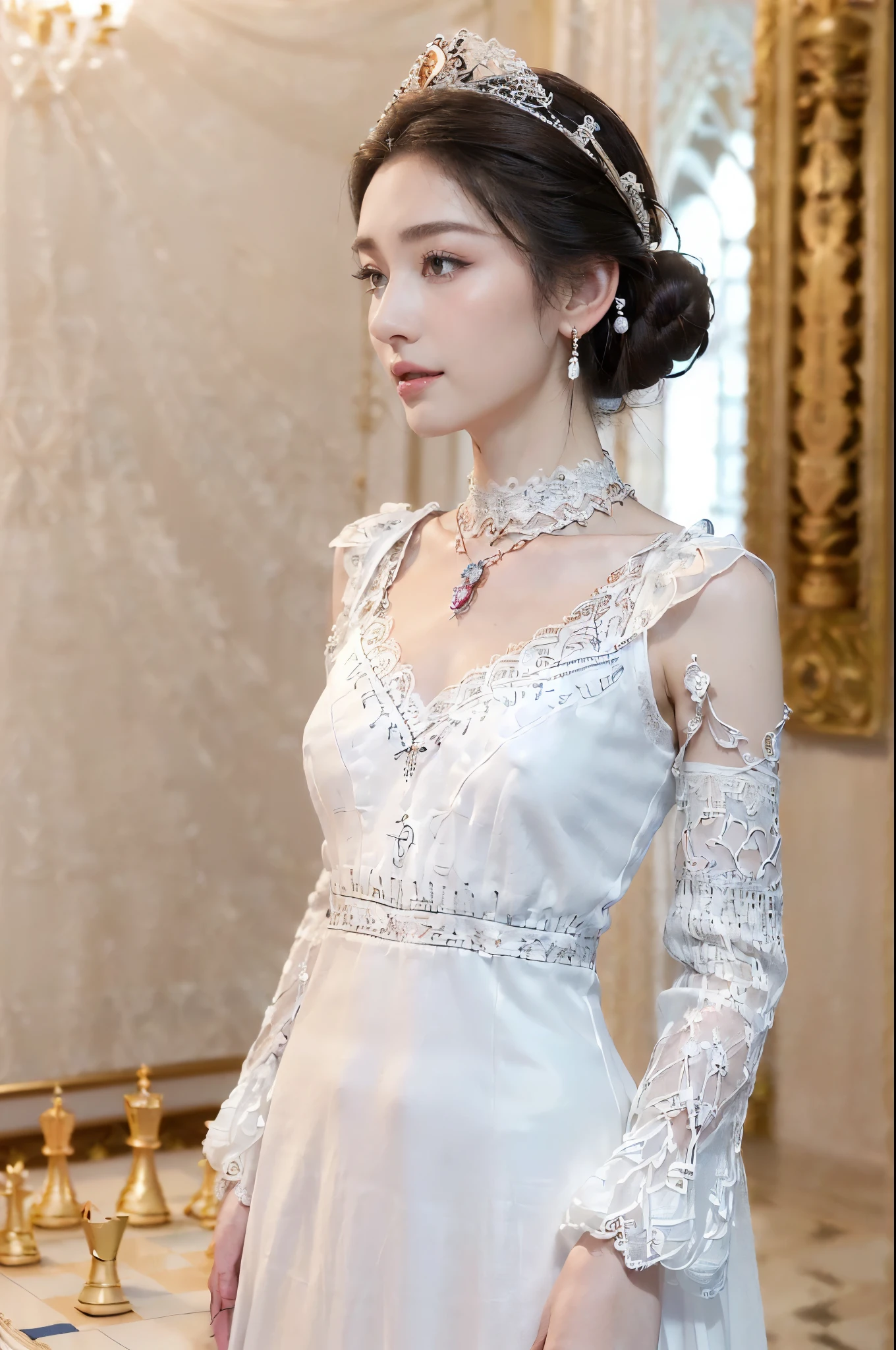 ((((8k))),((Extremely meticulous CG)) ,(wallpaper),16k,((Extremely refined and beautiful)),(((Masterpiece))),(((best qualtiy))),(((Ultra High Resolution))),beautiful light up,realistic shaded,(Smooth and flawless fair skin:1.5),(pale skin:1.3),Extremely exquisite facial details,(perfect body:1.1),(ultra-detailed:1.2),((A beautiful girl,solo)),(small head:1.2),(princess crown on head:1.2),(bun hair:1.2),(small face:1.2),(Exquisite makeup:1.2),(small breasts:1.2),(flat chests:1.2),(slim,thin),(happy:1.2),(laughing:1.2),(earrings:1.2),(crystal necklace:1.3),(collar:1.3),(Maxi gorgeous Embroidered white lace dress:1.5),(sleeves:1.3),(night scene:1.5),(indoor:1.2),(In a luxurious European palace:1.5),(Beside the chess board:1.3),(detailed background:1.5),(standing:1.3),(arms behind back:1.3),(upper body:1.3),(from front:1.3),