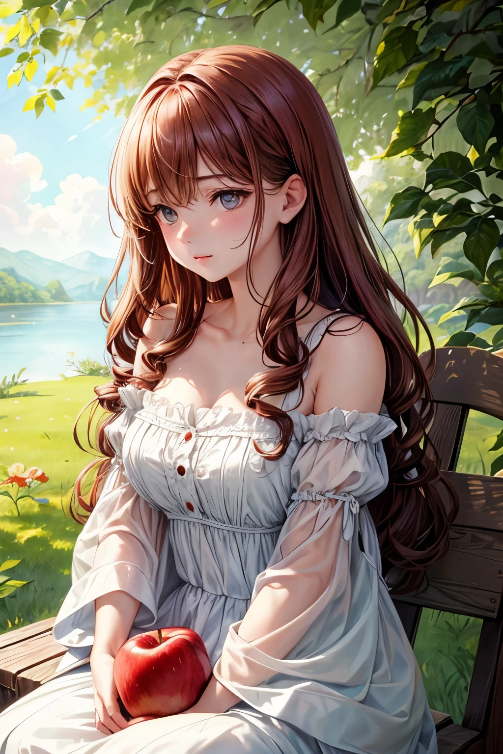A cute and weak girl, with a gentle expression, was seated under the shade of a mature tree, her hands holding onto a remarkably large apple. The fruit's vibrant red hue stood out against the lush green foliage behind her, the sunlight casting a warm glow on her face. her long, curly chestnut locks cascaded down her shoulders, framing her delicate features. The intricate details of her porcelain complexion, rosy cheeks, and full, expressive eyes were captured in the best quality, high resolution image, with a stunning level of detail. Her attire consisted of a simple, flowing sundress, the fabric gently swaying in the soft breeze. The