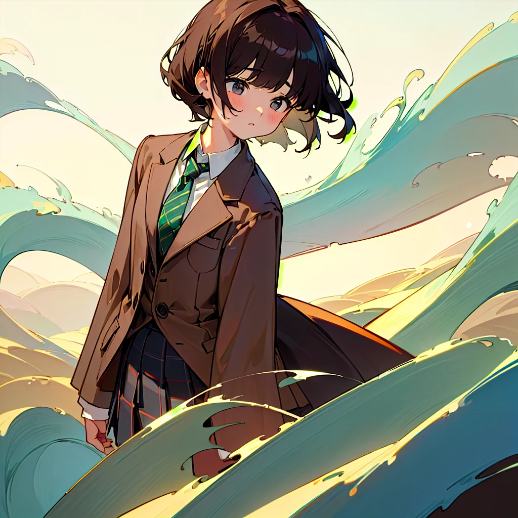 ((top-quality、8K、masterpiece:1.3))、one girls、Short stature、A dark-haired、Tie your hair next to your head、Tie your hair from side to side、Brown blazer、Green ribbon at chest.、white shirt、Dark brown checked pleated skirt、Hair and skirt fluttering in the wind、courtyard、wave her hand