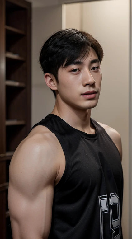 Realistic masterpiece, young Chinese man, Chinese male actor, Deng Lun20 years old, handsome, Good shape, big muscles,Plump muscles, black hair,, Bright black eyes, Narrow eyes, Prominent nose, Thin mouth, Height 180 cm, Good shape, Wear a basketball uniform, The background is a night light. large bulge in the middle Sharp and detailed face. Pictures taken with the Canon 50k camera are clear.. Pinkish-white skin. handsome face.Clear Face. Deng Lun20 years old, good condition