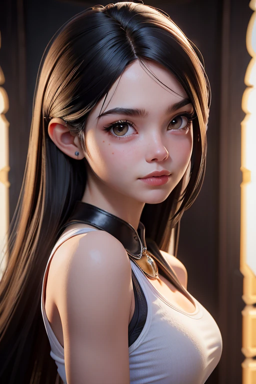 Obra maestra, mejor calidad,trabajo de renderizado 3d ,estilo 3DMM,de cerca,retrato, 3D,1 chica, solo, pelo negro, collar, joyas, mirando hacia el lado, realista, parte superior del cuerpo, fondo sencillo, golpes, mirando hacia otro lado, long pelo negro, Labios partidos, gargantilla, constituir, mole, camiseta sin mangas blanca, ojos rojos, Tifa Lockhart