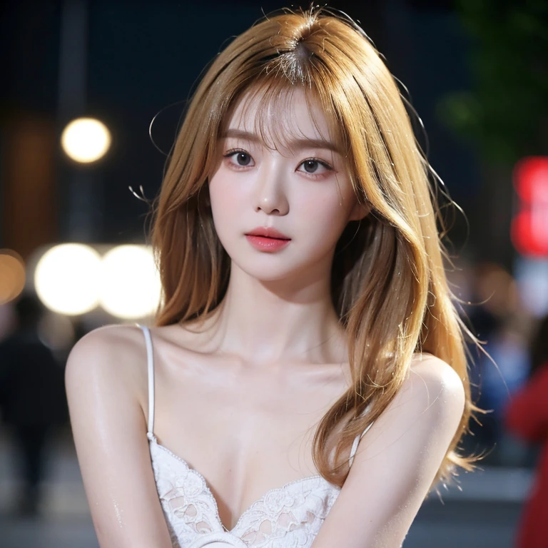 Highest quality,26 years old,woman,blunt bangs,Blonde,Super long hair,Wavy Hair,Hair is wet,With small eyes、Deep blue,Bright、Has a lively expression,Healthy and bright skin tone,Small mouth,Thick lips,(flom behind),whole body,Big Breasts,The thighs are a little thicker,Looking at the camera,Cinema Lighting,No eye shadow needed,Black see-through dress,The chest area is wide open,