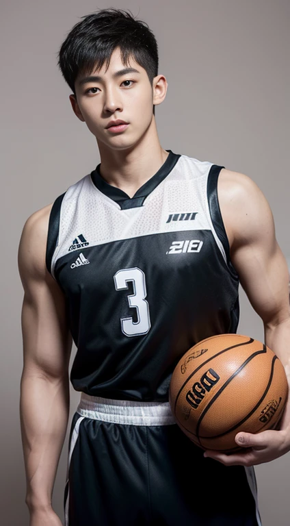 Realistic masterpiece, young Chinese man, Chinese male actor, Deng Lun20 years old, handsome, Good shape, big muscles,Plump muscles, black hair,, Bright black eyes, Narrow eyes, Prominent nose, Thin mouth, Height 180 cm, Good shape, Wear a basketball uniform, The background is a night light. large bulge in the middle Sharp and detailed face. Pictures taken with the Canon 50k camera are clear.. Pinkish-white skin. handsome face.Clear Face. Deng Lun20 years old, good condition