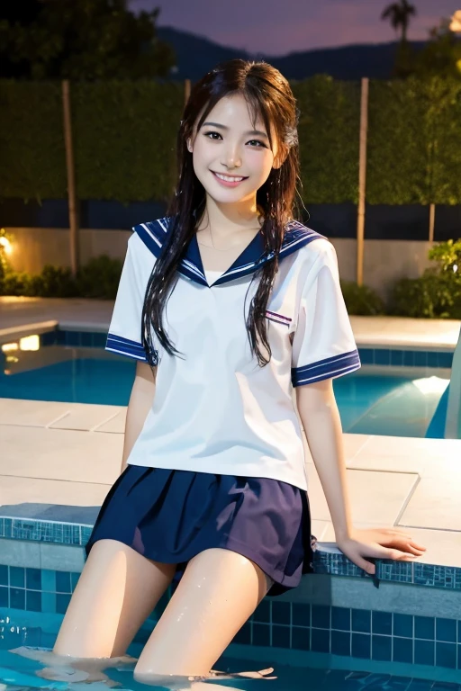 (8K), (highest quality: 1.2), (Realistic), (Realistic: 1.37), Ultra-high resolution,1 Japanese female,Night Pool,Sit by the pool,A radiant smile,Clear unevenness,Slender,whole body,Wet short-sleeved sailor suit,Wet straight hair,Beautiful water splashes,whole body,Swimwear