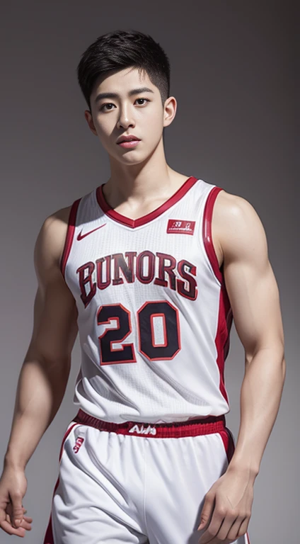 Realistic masterpiece, young Chinese man, Chinese male actor, Deng Lun20 years old,  handsome, Good shape, big muscles,Plump muscles, black hair,, Bright black eyes, Narrow eyes, Prominent nose, Thin mouth, Height 180 cm, Good shape, Wear a basketball uniform, The background is a night light. large bulge in the middle Sharp and detailed face. Pictures taken with the Canon 50k camera are clear.. Pinkish-white skin. handsome face.Clear Face. Deng Lun20 years old, good condition