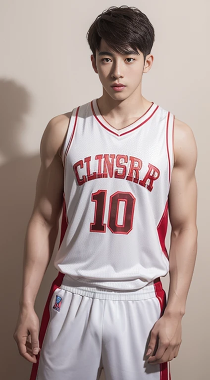 Realistic masterpiece, young Chinese man, Chinese male actor, Deng Lun20 years old,  handsome, Good shape, big muscles,Plump muscles, black hair,, Bright black eyes, Narrow eyes, Prominent nose, Thin mouth, Height 180 cm, Good shape, Wear a basketball uniform, The background is a night light. large bulge in the middle Sharp and detailed face. Pictures taken with the Canon 50k camera are clear.. Pinkish-white skin. handsome face.Clear Face. Deng Lun20 years old, good condition