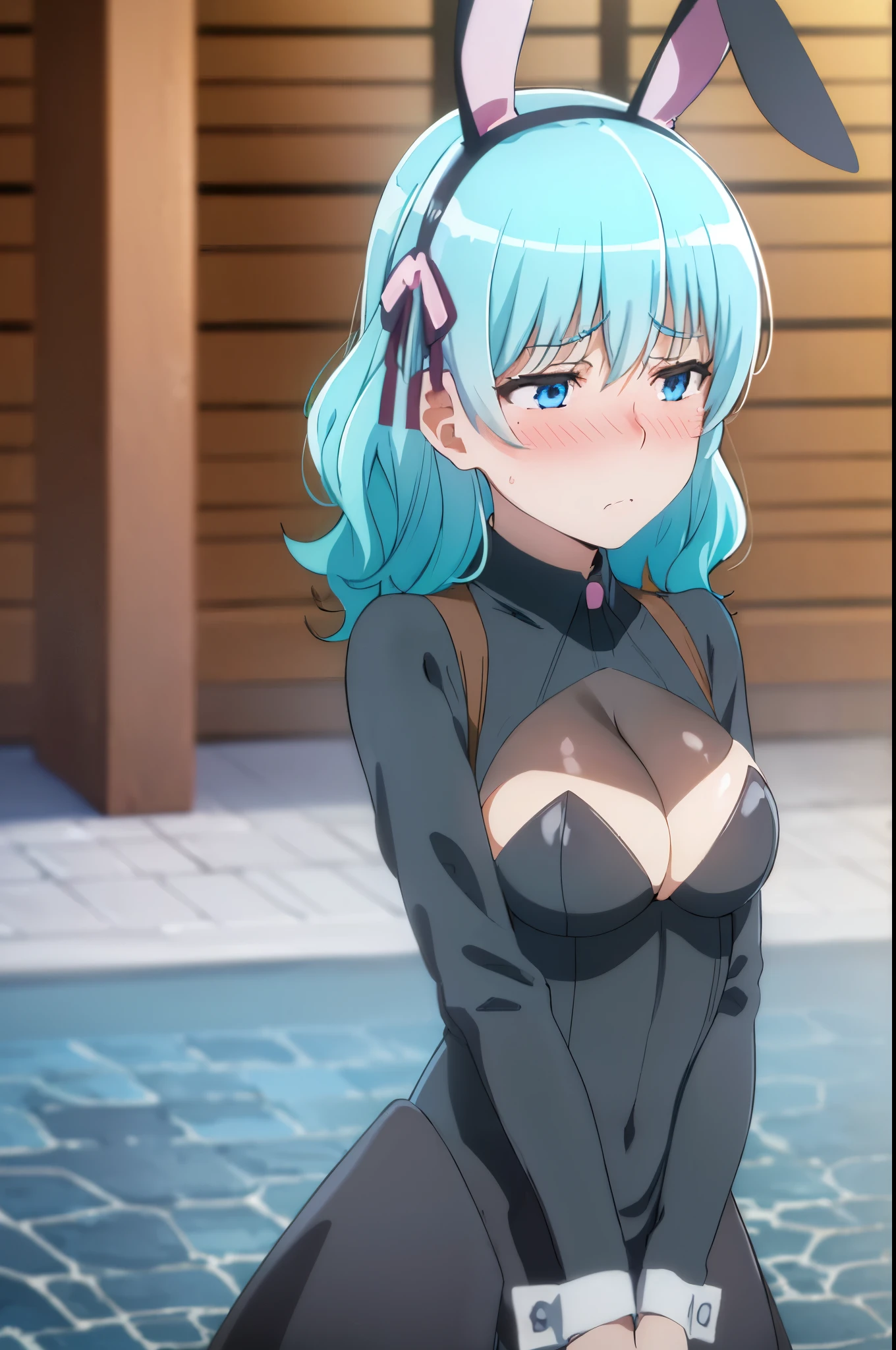 photorealistic, (4k), (upper body), depth of field, (Masterpiece), (realistic skin texture), highly detailed, intricate, highly detailed, (upper body), professional photography, cover-up, bokeh, high resolution, sharp details, best quality, girl, aqua hair, medium hair, blue eyes,(((black bunny suit,bunny ears))) frills, (((blush,embarassed)))