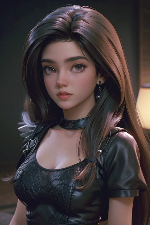 Obra maestra, mejor calidad,trabajo de renderizado 3d ,estilo 3DMM,de cerca,retrato, 3D,1 chica, solo, pelo negro, collar, joyas, mirando hacia el lado, realista, parte superior del cuerpo, fondo sencillo, golpes, mirando hacia otro lado, long pelo negro, Labios partidos, gargantilla, constituir, mole, camiseta sin mangas blanca, ojos rojos, Tifa Lockhart