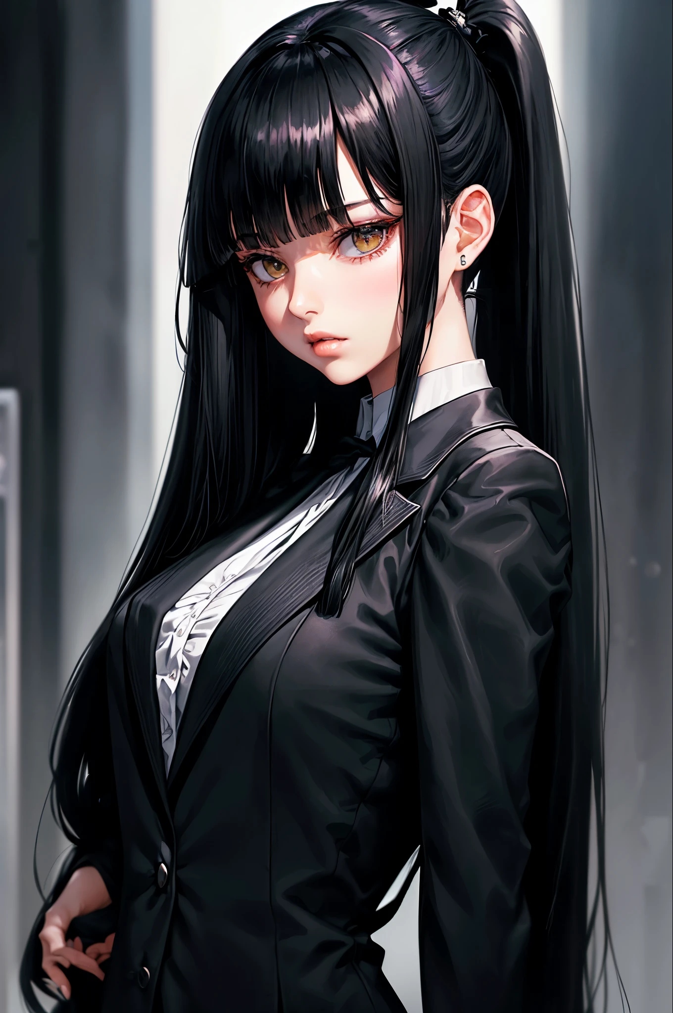 black suit jacket, ((Classic blunt bangs:1.1)),Blunt Bangs Hairstyles, blunt bangs round face, Blunt bangs korean, aesthetic korean bangs, Blunt Cut Bangs Straight Long Hair,((High Ponytail:1.5)),(((Blunt bangs,Straight bangs:1.1))),(((Very long black hair, Ridiculously long black hair:1.1))),