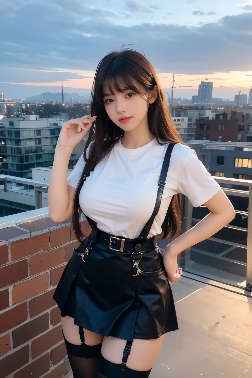 ((Midnight, highest quality, 8k, masterpiece :1.3)), whole body, Long legs, Sharp focus :1.2, Beautiful woman with perfect figure :1.4, Slim Abs :1.1, ((Dark brown hair, Big Breasts :1.2)), (White tight T-shirt, Jean Bib, Are standing:1.2), ((Night city view, rooftop:1.3)), Very detailedな顔と肌の質感, Fine grain, Double eyelids one girl,highest quality,masterpiece,figure,Very delicate and beautiful,CG,Unity,8k wallpaper,wonderful,In detail,masterpiece,Official Art,Very detailed CG Unity 8k wallpaper,Incredibly absurd,Large file size,Very detailedな,High resolution,Very detailed,Beautiful detailed girl,Realistic,from the front,Outdoor, suspenders Large swollen breasts Black mini skirt garter belt Knee-high socks bangs Beauty Hands up Black boots one person Dress shirt Hands Behind Back put your hands behind your back With your hands behind your back Armament holster A room at the Belt Hotel Bed Wall side