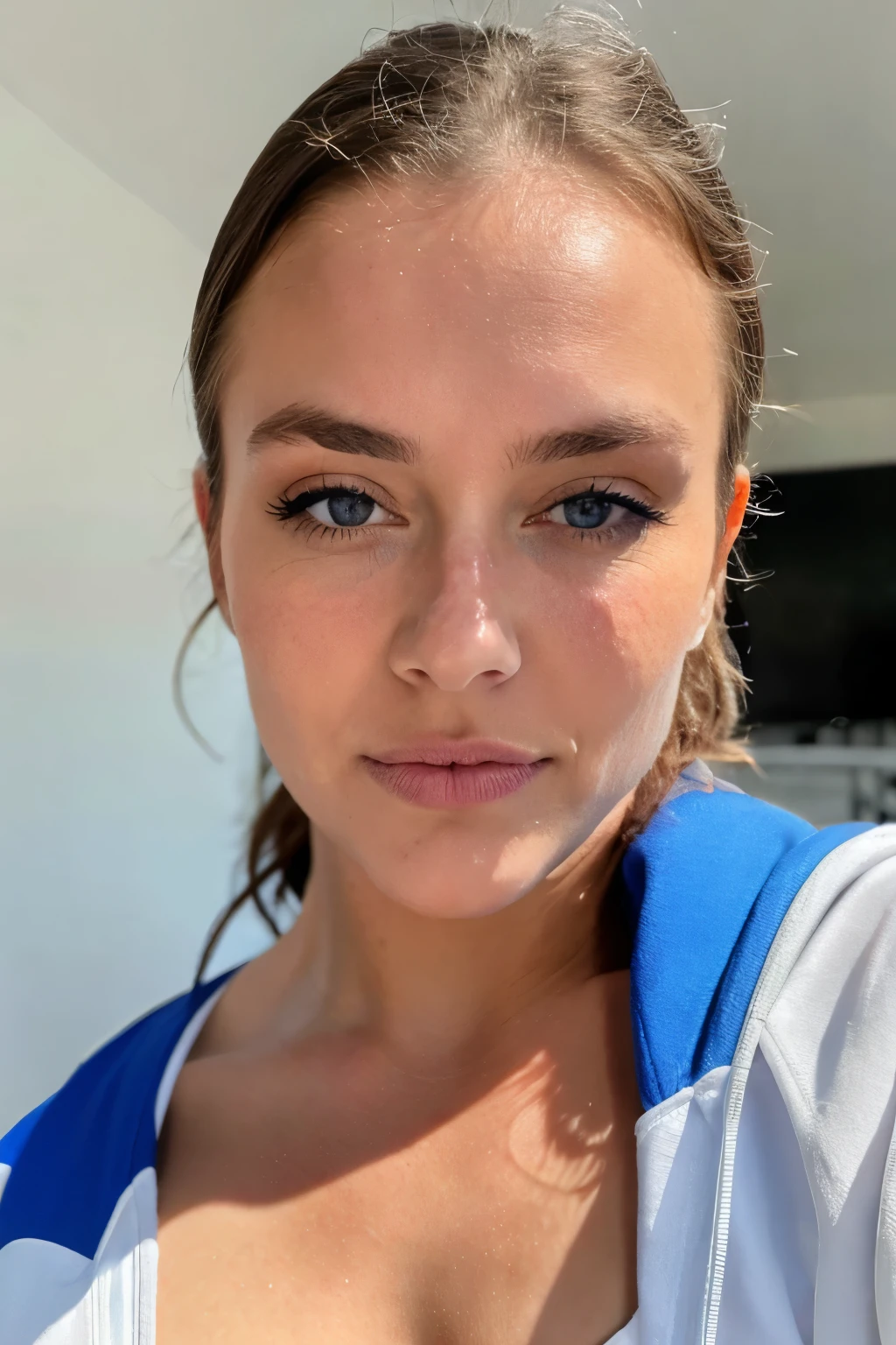 ((best quality)) (detailed), visage parfait, femme brune yeux bleus, tenue de sport moulante blanche avec des rayures fines bleues