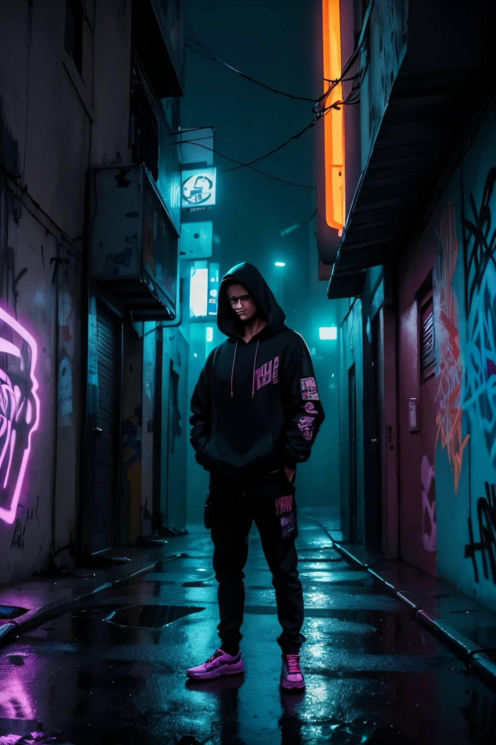 white man wearing a hoodie in a graffitied alley, with graffiti on the walls. posing. panoramic photo. Dark and rainy night, where the only source of light is neon. Image in neo noir cyberpunk style. consertar rosto