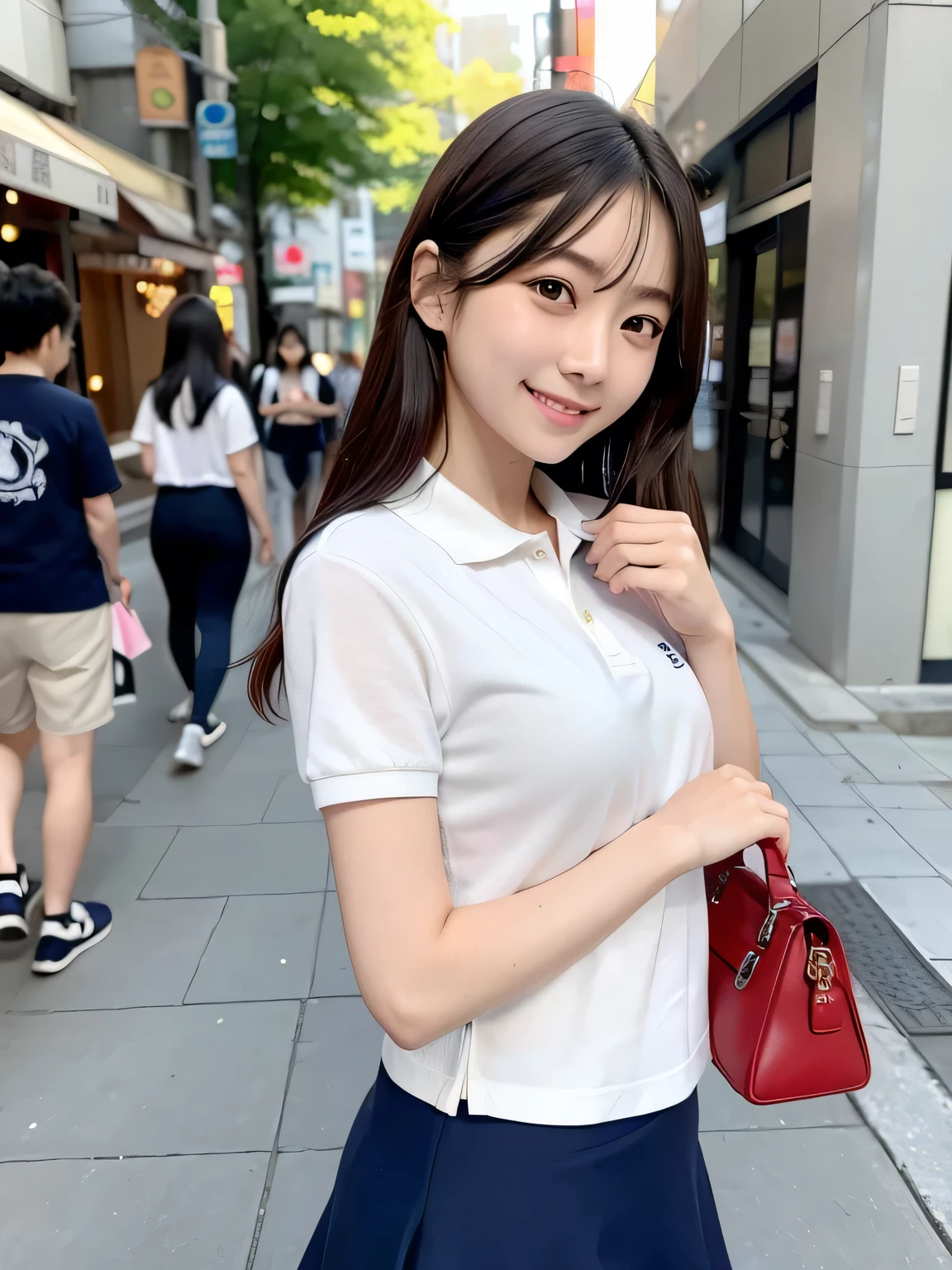 one person、one person、smile、An 18-year-old high school girl posing for a photo in a white open-front shirt、Red mini skirt、Holding a red handbag、victory、masterpiece、high resolution、Sharp focus）、cute、Japanese women、18-year-old、sexy、Laughter、(Perfect ???????、Delicate and beautiful body、Navy blue polo shirt)、A bustling city、I&#39;m shopping、smile、Small breasts、Nogizaka Idol、Slim figure、sexy、