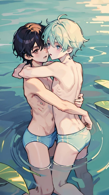 2 cute thin handsome boys 12 and . Shirtless hugging in the water