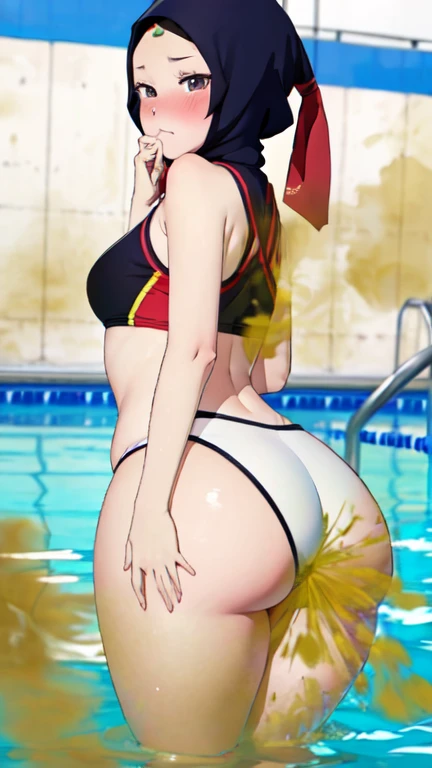 2 Asian girls farting beside friends, desperate to poop, in pool, farting while playing water volleyball, bending over, turns to look back, wearing swimsuit with skirt and hijab, malaysian girl, tomboy, stomach bloated, hands covering butt, pained expression, shocked and embarrassed, mouth open in shock, blushing, beautiful and cute face, anime art style, fit body, tall and thin, view from side, diarrhea