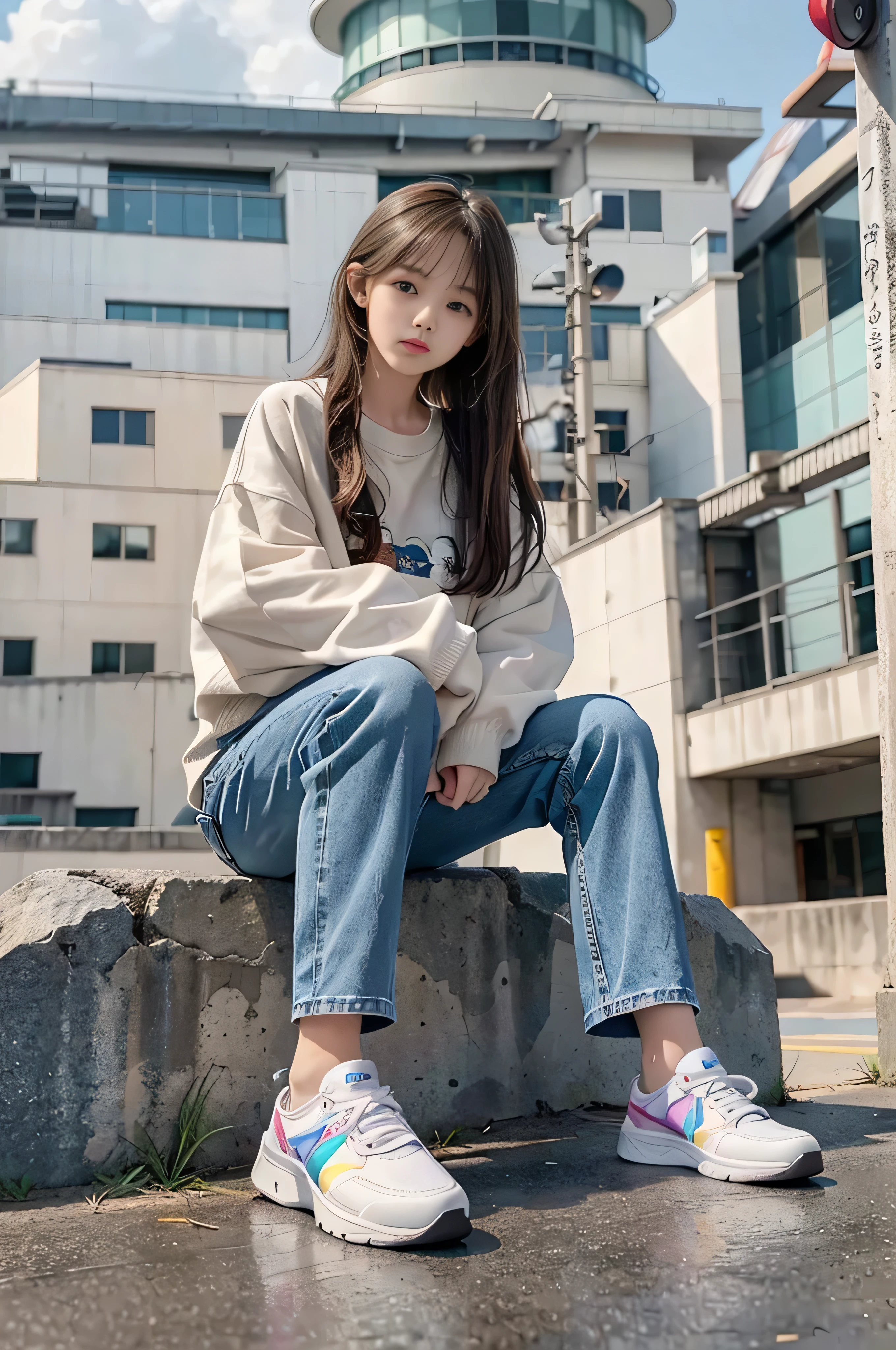 、1 Beautiful girl、So cute、very short jeans、Eating a big hamburger、Slim and beautiful bare feet、White sneakers