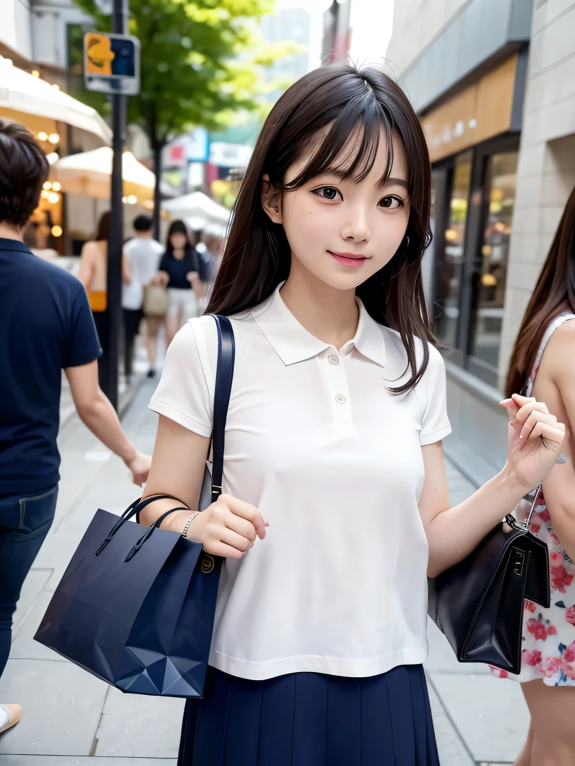 Three Girls、fun、smile、shopping、An 18-year-old high school girl posing for a photo in a navy blue shirt with an open front、Red mini skirt、Black backpack、victory、masterpiece、high resolution、Sharp focus)、cute、Japanese women、18-year-old、sexy、Laughter、(Perfect Anatomy、Delicate and beautiful body、Navy blue polo shirt)、A bustling city、I'm shopping、smile、Small breasts、Nogizaka Idol、Slim figure、sexy、shopping、