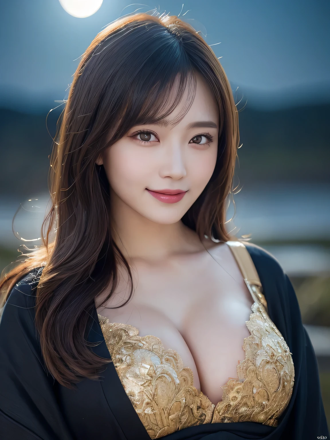 Kimono beauty, body portrait, 8k, thin and beautiful eyes, Dindal effect, masterpiece, top quality, high quality, high resolution, very detailed photo, (natural skin texture, fine skin, hyper realism, super sharpness) , high detail skin, (very fine, fine skin texture, intricate details, beautiful face, (real-like face), realistic eyes, beautifully detailed eyes, realistic skin, beautiful skin, surreal, Highly detailed, golden ratio, smiling eyes, ((night moonlight background)), body portrait, G cup, big breasts, huge breasts, big breasts, glamorous, shiny bodysuit